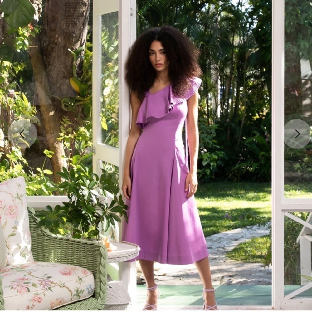 Veronica Beard Ruffle Beilla One-Shoulder Vivid Orchid Midi Dress sz 6